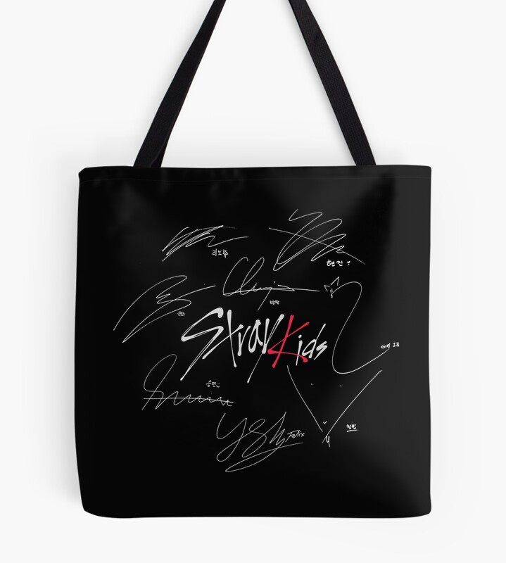 Stray Kids Ot8 Logo With Signatures Black Tote Bag